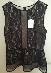 Oasis Lace Vest Black Size 10 UK Flower Detail Nude Lining Zipped Back New - Picture 1 of 4