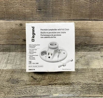*NEW* Pass & Seymour White Porcelain Lampholder w/Pullchain 250W Outlet #288CC18 - Image 1 of 3