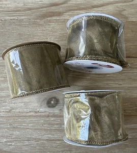 Lot Of 3 Ribbon Rolls Wire Edge Antique Gold Sheer Metallic Holiday 2” x 10 Yds - Picture 1 of 8
