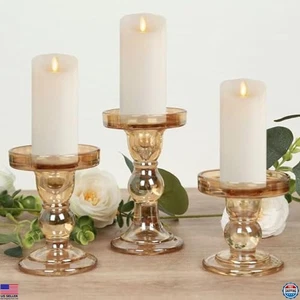 Efavormart Set of 3 Amber Gold Premium Glass Pillar Candle Holders with Round - Picture 1 of 7