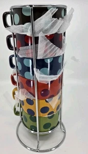 World Market Stacking 6 Cup Mug Set Polka Dot Chrome Stand MultiColor - Picture 1 of 4