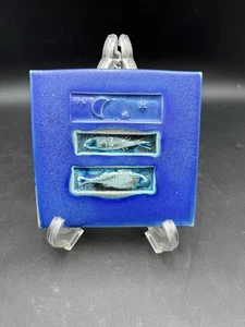 Michael Cohen Pottery Tile Trivet Fish Stars & Moon ~ Cobalt Blue Glazed - Picture 1 of 6