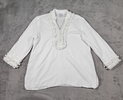 Chicos Tunic Size 1 PETITE White Linen Blend Embellished Pom Pom Coastal Boho - Image 1 of 4