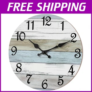 Coastal Blue Wooden Clock 16" Silent Non Ticking - Picture 1 of 12