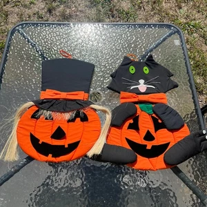 Set Of 2 Halloween Vintage Wall Door Decor Fabric Puffy Black Cat Jack O Lantern - Picture 1 of 13