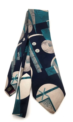 Vintage Abstract Necktie Editions by Van Heusen Navy, Black, Teal, Grey 59" - Image 1 of 4