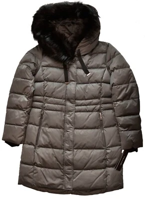 ABRIGO DE PIZARRA TAHARI NUEVO CON ETIQUETAS $350 RIBETE DE PIEL SINTÉTICA CON CAPUCHA Y CREMALLERA ACOLCHADA. Tallas S, M Foto 1 de 4