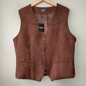 Paul Jones Mens Size Large Brown Faux Suede Vest Suit Waistcoat Western Cowboy - Picture 1 of 10