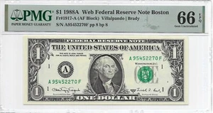 1988A $1 BOSTON WEB Banknote. PMG GEM Uncirculated 66 EPQ. A/F Block. 8/8 Run 15 - Picture 1 of 2
