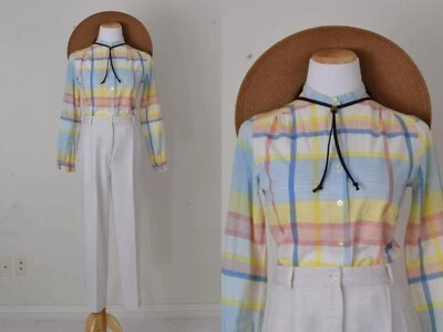 Blusa abotonada vintage años 80 a cuadros manga larga algodón pastel Foto 1 de 4