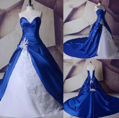 Vestido de novia azul real satinado novia vintage tren país encaje vestido de novia Foto 1 de 4