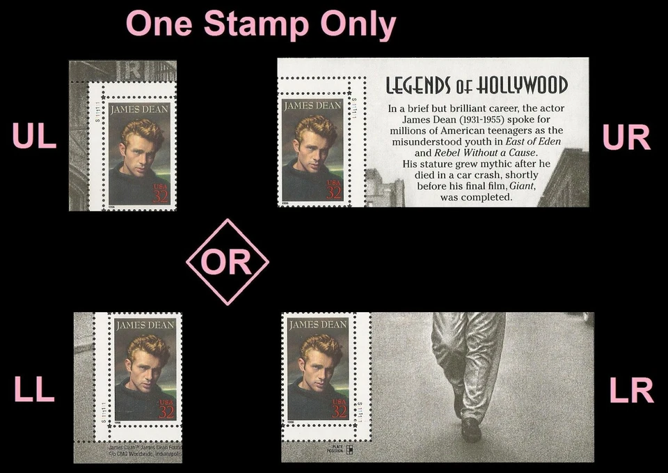 US 3082 Legends of Hollywood James Dean 32c plate single MNH 1996 - Image 1 of 1