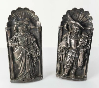 Antique English Sheffield Silverplate Bookends Embossed Repousse Elizabethan  - Image 1 of 4