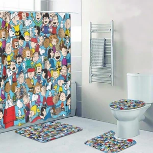 Peanuts Snoopy Characters Print Shower Curtain Bath Mat Toilet Lid Cover Mat - Picture 1 of 8
