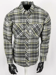 Mens Flannel Plaid Shirt Gray Yellow Western Button Chest Pockets Long Sleeve - Picture 1 of 5