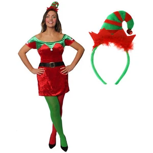 LADIES ELF DRESS VELOUR + HEADBAND + TIGHTS SKATER CHRISTMAS FANCY DRESS - Picture 1 of 6
