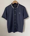 Fred Perry Button Up Polo Shirt Large Blue Cuffed Sleeves Chambray Style M6704