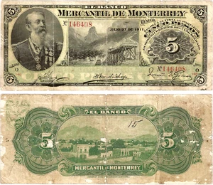 Mexico,5 Pesos,Banco Mercantil de Monterrey,7-27-1911,Series O,S/N 146408,S352Ab - Picture 1 of 1