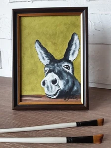 Arte de pared de burro original pintura al óleo enmarcada 5 x 7 burro retrato bebé burro - Imagen 1 de 9