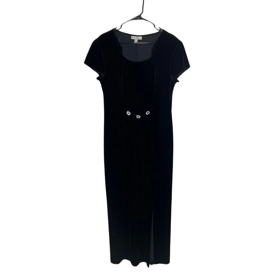 Maxi Vestido Vintage Terciopelo Negro Detalle Estrás Talla 14 Bruja Vamp Grunge Hendidura Foto 1 de 4