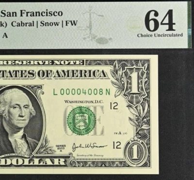 2003A $1 Federal Reserve Note PMG 64 wanted birthday low serial number 4008 - Image 1 of 3