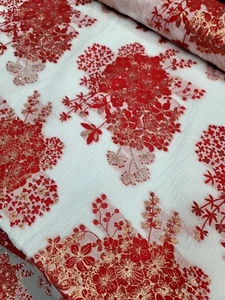 Red Gold Floral Metallic Brocade Fabric Width Sold By The Yard On White Organza - Picture 1 of 8