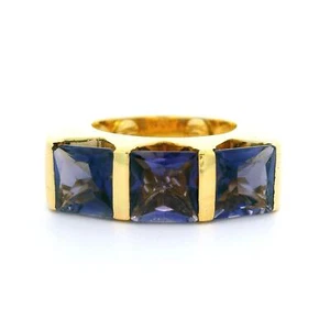 18k Yellow Gold 3 Square Cut Bar Channel Set Iolite Substantial Band Ring - Picture 1 of 8