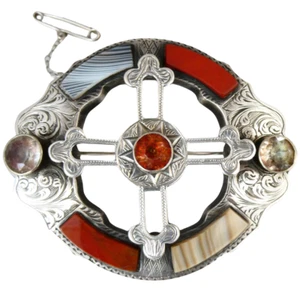 Antique Victorian C1860 Large STG SILVER Vibrant SCOTTISH AGATE CRUCIFORM BROOCH - Picture 1 of 10