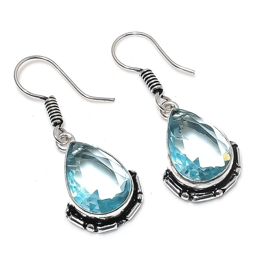 Blue Aquamarine Gemstone Handmade 925 Starling Silver Jewelry Earring Size 1.20" - Image 1 of 1