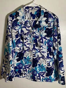 VTG TanJay Womens Jacket Floral Blue White Tropical Light Island 18 Plus Button - Picture 1 of 3