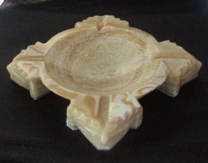 HAND-CARVED Stone Ashtray smoking 1970s Ivory and Tan alabaster onyx marble - Picture 1 of 4
