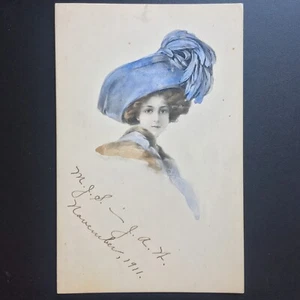 Blue Lady Large Hat Victorian Fashion Postcard by Otto Schilbach, Hand Tinted - Picture 1 of 3