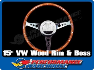 15" Flat Wood Rim Steering Wheel 9 Bolt & Billet Adaptor Volkswagen VW 1200-1600 - Picture 1 of 1