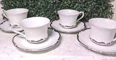 4 tazas de té y platillos con borde de platino blanco vintage Harmony House Starlight China Foto 1 de 4