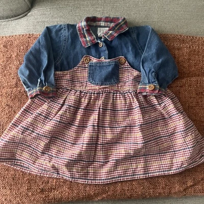 Vintage 90’s Baby Gap Denim/ Plaid Dress Size 12-18 Mo. Wood Buttons Collar EUC - Image 1 of 4