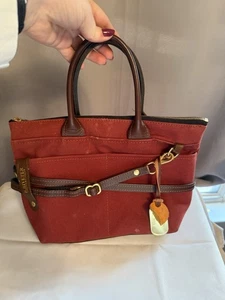 R. Riveter American Handmade rot Canvas braun Leder gold Handtasche Geldbeutel - Bild 1 von 18