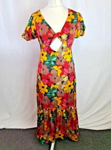 TOPSHOP Satin Midi Dress Puff Sleeve Tie Front Cut Out Women's UK12 C4350 - Picture 1 of 10