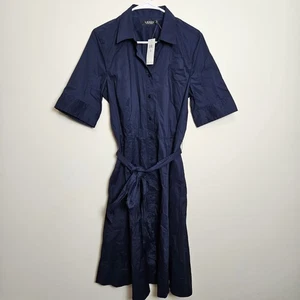 Lauren Ralph Lauren Womens Navy Button Front Shirt Dress Tie Waist Short Sleeve - Picture 1 of 4
