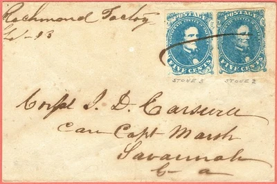 [8013] USA 1862 #CSA4 (stone 2 &3) 5c Blue on cover from Richmond to Savannah - Image 1 of 3