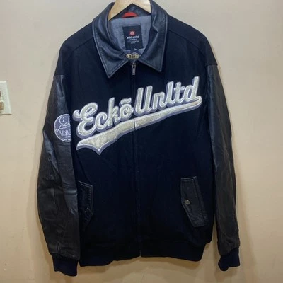 Chaqueta Universitaria Ecko De Colección Para Hombre L Negra Cuero Mangas Logo 72 Y2K Años 90 A71 Foto 1 de 4