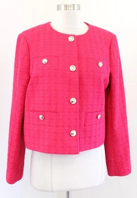 Ann Taylor Hot Pink Tweed Cropped Blazer Jacket Sz 8 Gold Buttons Career Preppy - Image 1 of 4