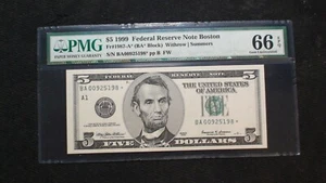 1999 BOSTON Five Dollar PMG GEM UNC 66 EPQ Federal Reserve STAR NOTE $5 BILL! - Picture 1 of 4