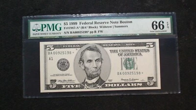 1999 BOSTON Five Dollar PMG GEM UNC 66 EPQ Federal Reserve STAR NOTE $5 BILL! - Image 1 of 4