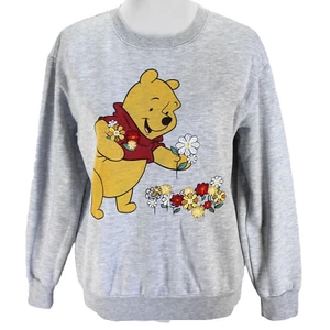 Disney Winnie the Pooh Sweatshirt Womens Sz M Gray Embroidered Crewneck Pullover - Picture 1 of 7
