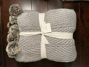 Pottery Barn Faux Fur Pom Pom Knitted Throw Blanket Smoke Gray 50x60 NWT - Picture 1 of 7