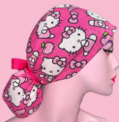 Hello Kitty ponytail scrub cap, hello kitty long hair scrub cap, Pink Scrub Cap - Image 1 of 2