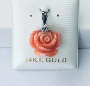 Stylish Solid 14K White Gold Genuine Pink Coral Hand Carved Flower Pendant NEW - Picture 1 of 9