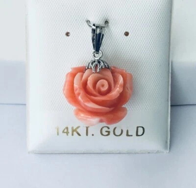 Stylish Solid 14K White Gold  Genuine Pink Coral  Hand Carved Flower Pendant NEW - Image 1 of 4