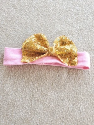 Newborn Baby Girl Pink Yellow Gold Tone Bow Elastic Headband - Image 1 of 3