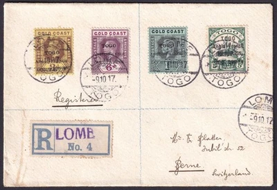 Togo 1917 KGV 1sh 6d 3d, 1d en 5pf Opt Usado Cubierta Registrada LOME a Suiza Foto 1 de 2